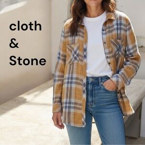 Cloth & Stone 100% Cotton Mustard Plaid Button-Up Shirt Long Sleeve V Neck